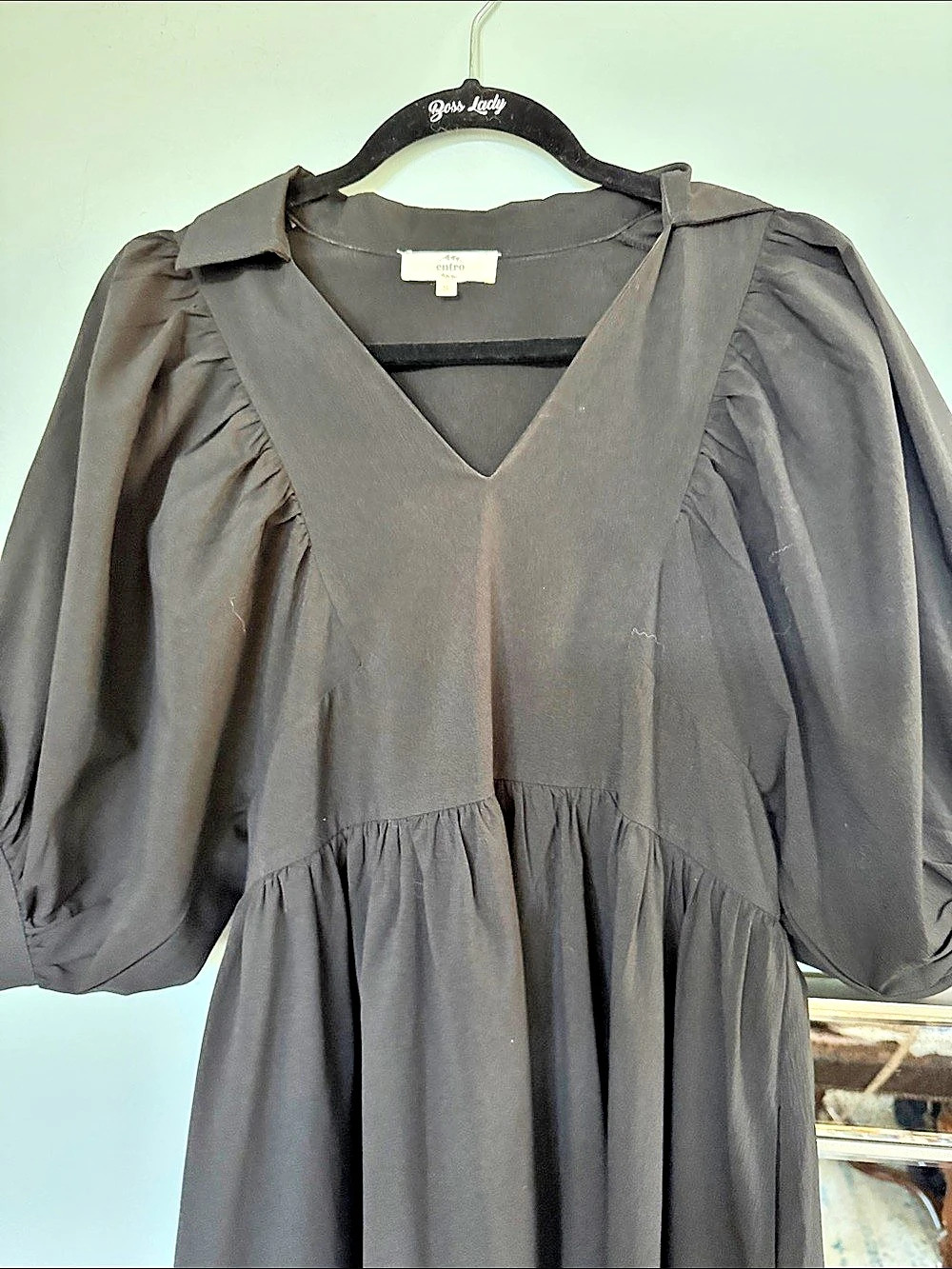 entro Black Tiered V-Neck Puff Sleeve Dress Black Small